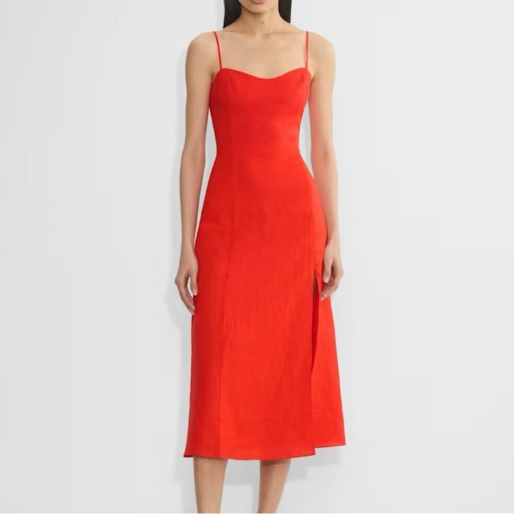 Wilfred Poppy Red Spaghetti-Strap Linen Midi Dress with Front Slit ❣️💃🏻